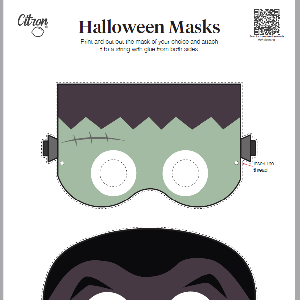 Free_download_Halloween mask template with green and black designs on a white background