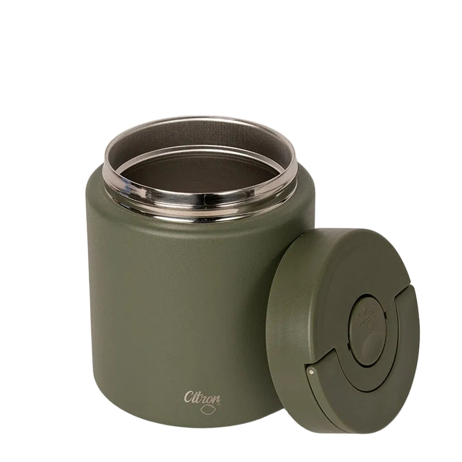 Angled view of the Citron Green insulated food jar with lid removed