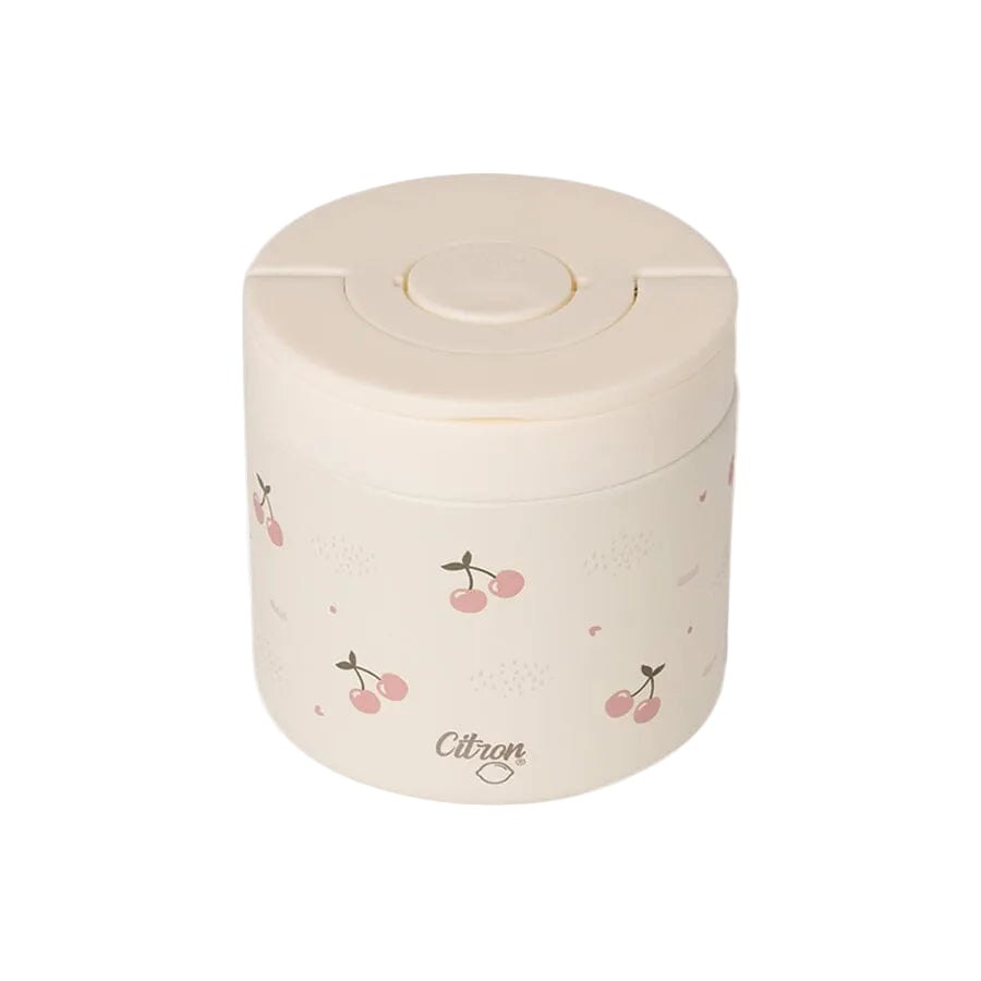 Angled view of the Citron Cherry 350ml insulated food jar