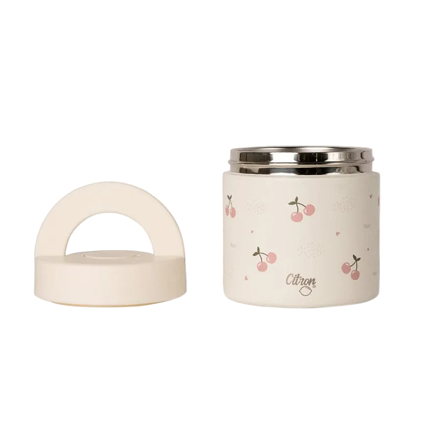 Citron Cherry 350ml food jar with its lid and carry handle shown separately