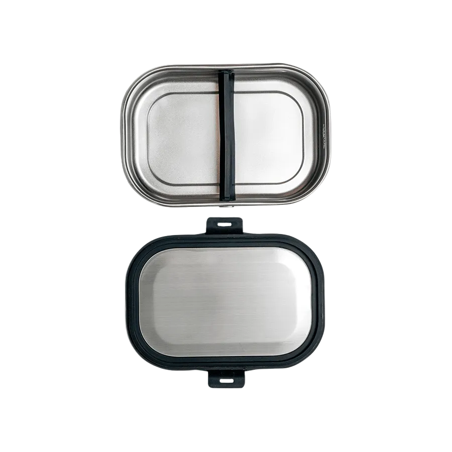 Open stainless steel lunch box showing two compartments and a silicone divider