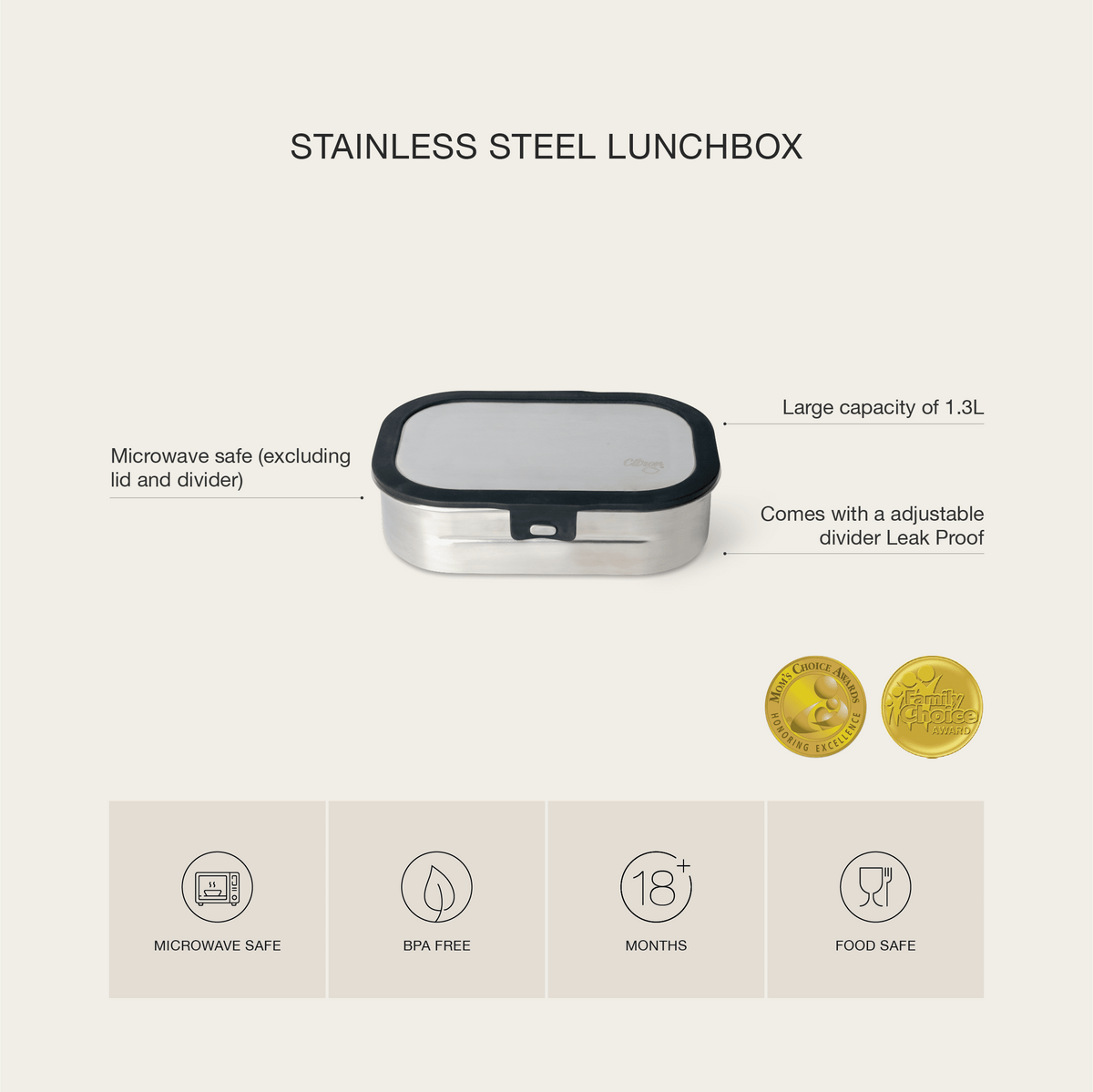 Product information graphic for the Citron Black stainless steel lunch box