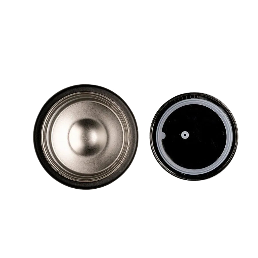 Top view of the stainless steel interior and lid of the Citron Black food jar