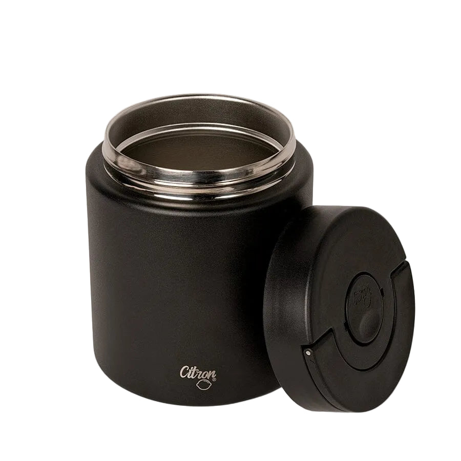 Open Citron Black insulated food jar showing its wide opening and twist-off lid