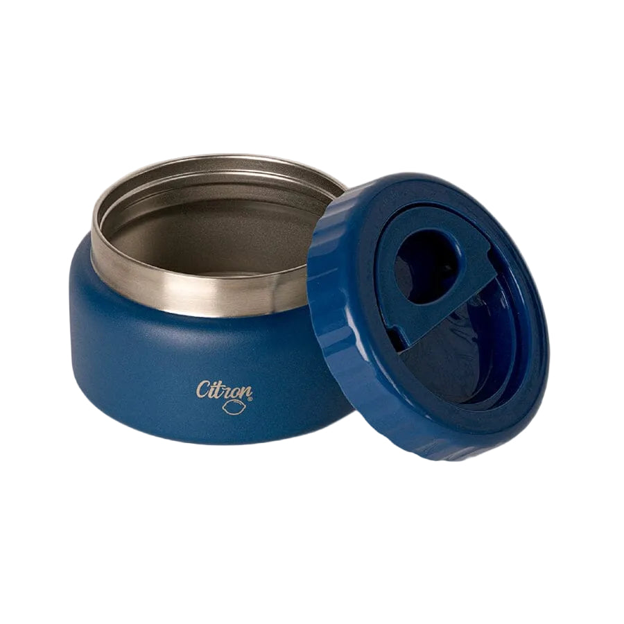 Open Citron Blue 250ml food jar with its lid beside it