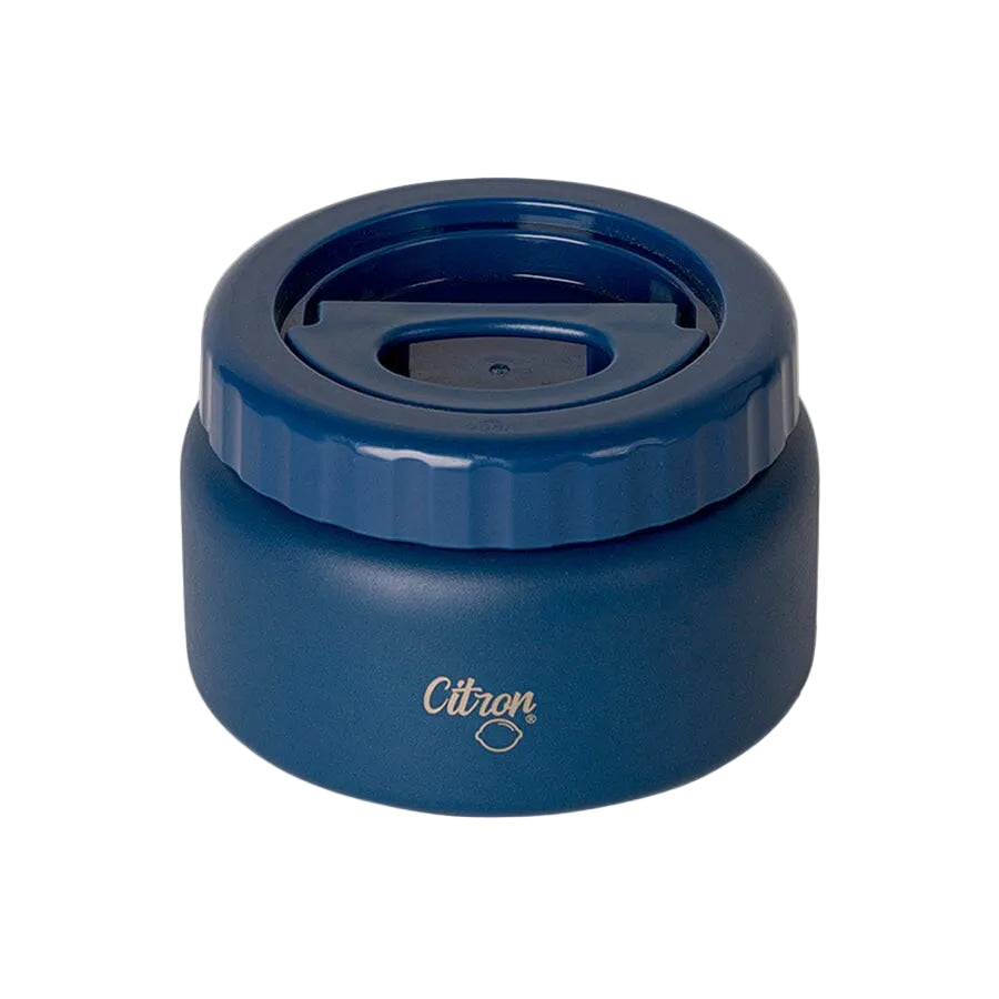 Top view of the Citron Blue insulated food jar and lift lid