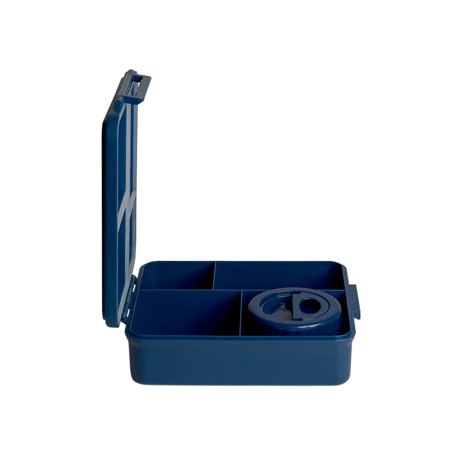 Side view of the open Citron Dino lunch box with food jar