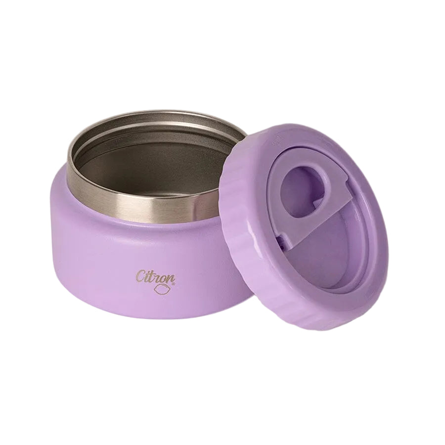 Open Citron Purple 250ml food jar with its lift lid beside it