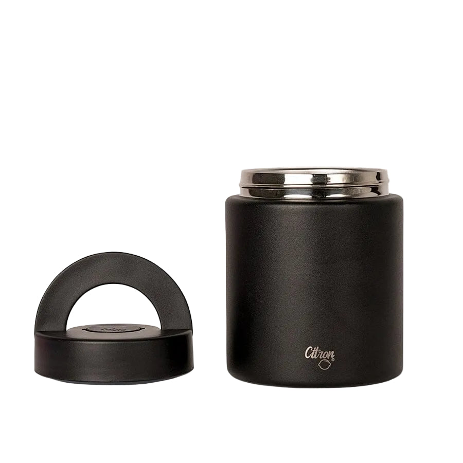Black Citron 500ml food jar with the lid and carry handle shown separately