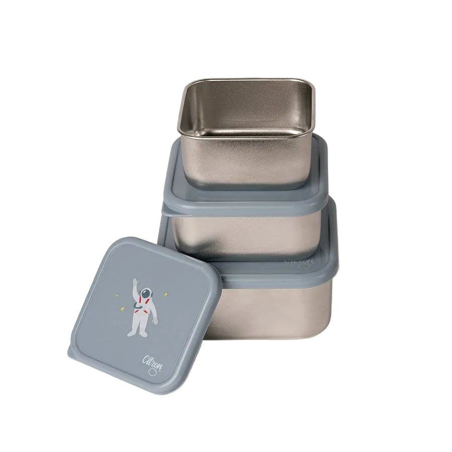Citron Spaceship lunch box set showing three stainless steel containers and lids