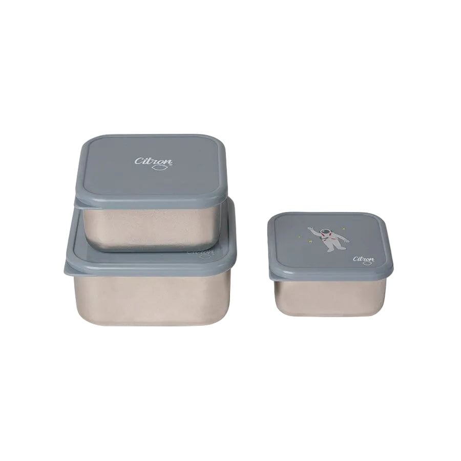 Large, medium and small stainless steel lunch boxes in the Citron Spaceship set