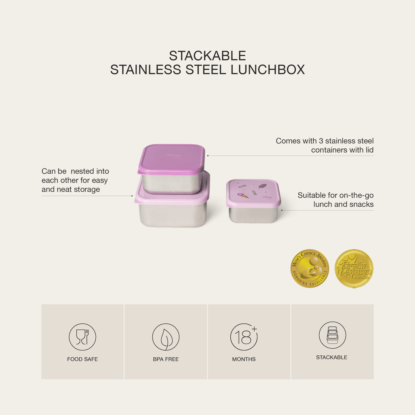 Stackable Stainless steel Lunchbox - Set of 3 - Stormy Unicorn