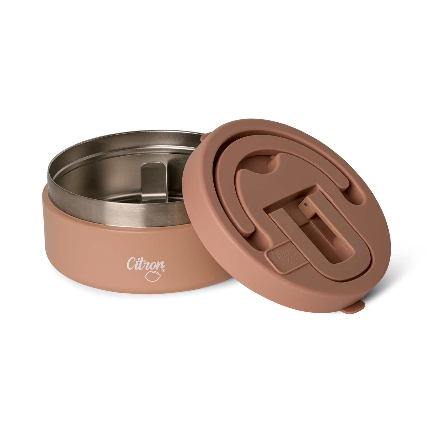 Citron 400ml food jar lid components showing leak-proof sealing system in blush pink