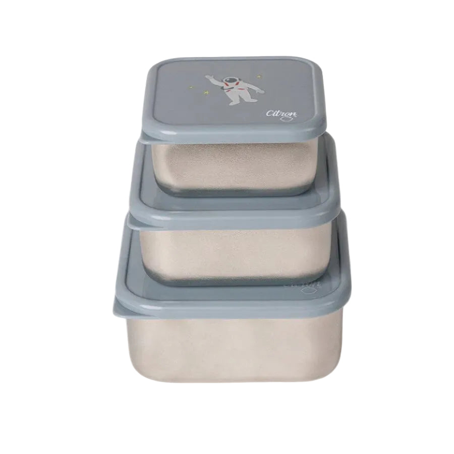 Three Citron Spaceship stainless steel lunch boxes stacked from large to small