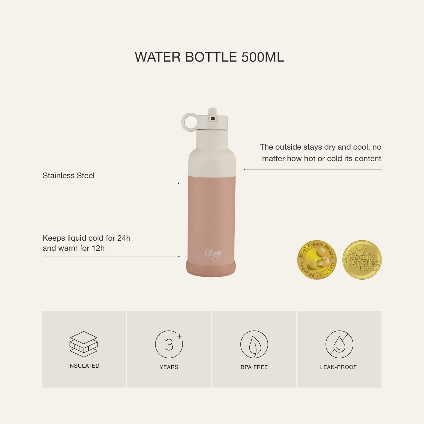 500ml Water Bottle Blush Pink - Original Collection