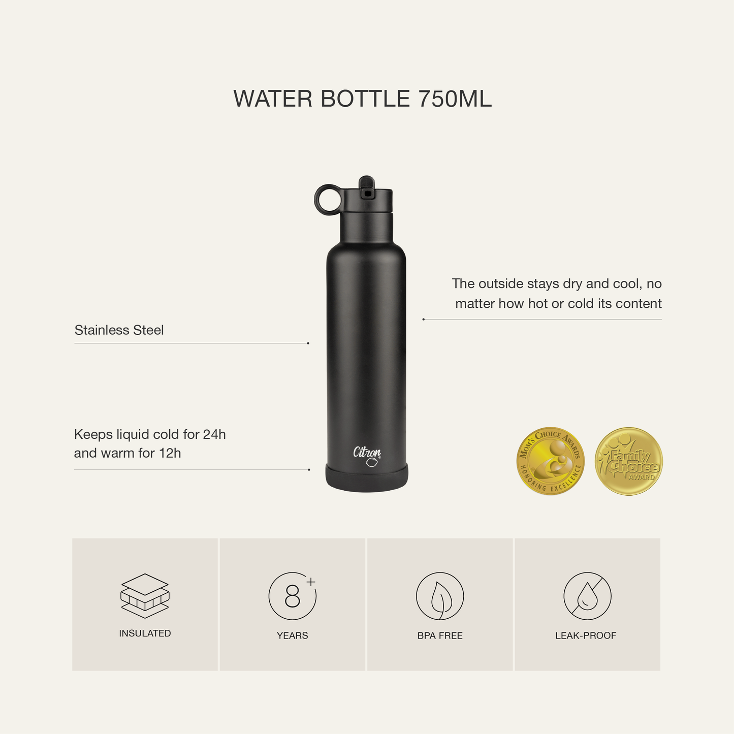 750ml Water Bottle Black