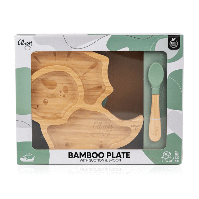 Citron Australia - Dino Bamboo Plates with Dusty Green Suction and Spoon