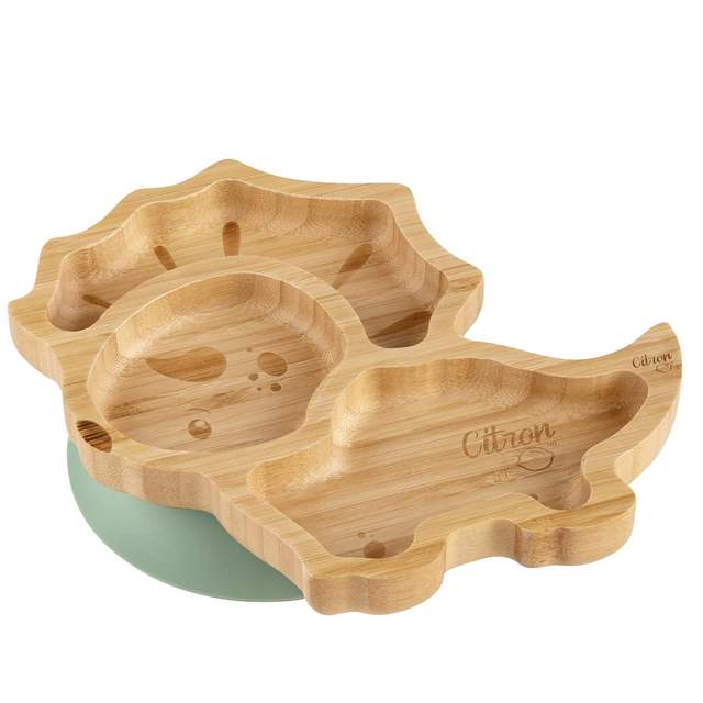 Citron Australia - Dino Bamboo Plates with Dusty Green Suction and Spoon