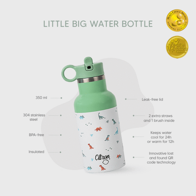 Citron Australia - QR-Enabled Lost-Proof 350ml Little Big Water Bottle - Green White Dino