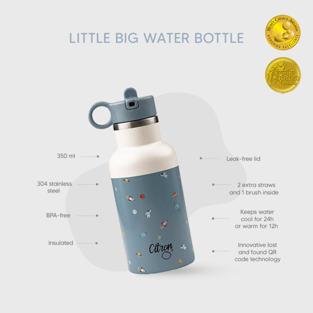 Citron Australia - QR-Enabled Lost-Proof 350ml Little Big Water Bottle - Blue Cream Spaceship