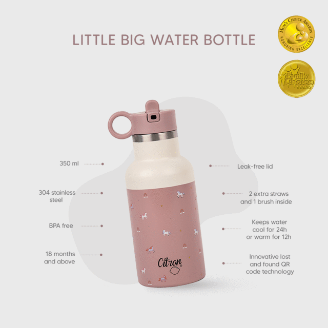 Citron Australia - QR-Enabled Lost-Proof 350ml Little Big Water Bottle - Pink Cream Unicorn