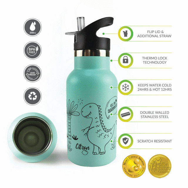 Citron Australia - QR-Enabled Lost-Proof 350ml Little Big Water Bottle - Dino