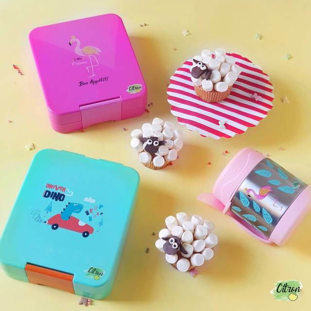 Citron Australia - Snackbox with 4 compartments with accessories - Flamingo