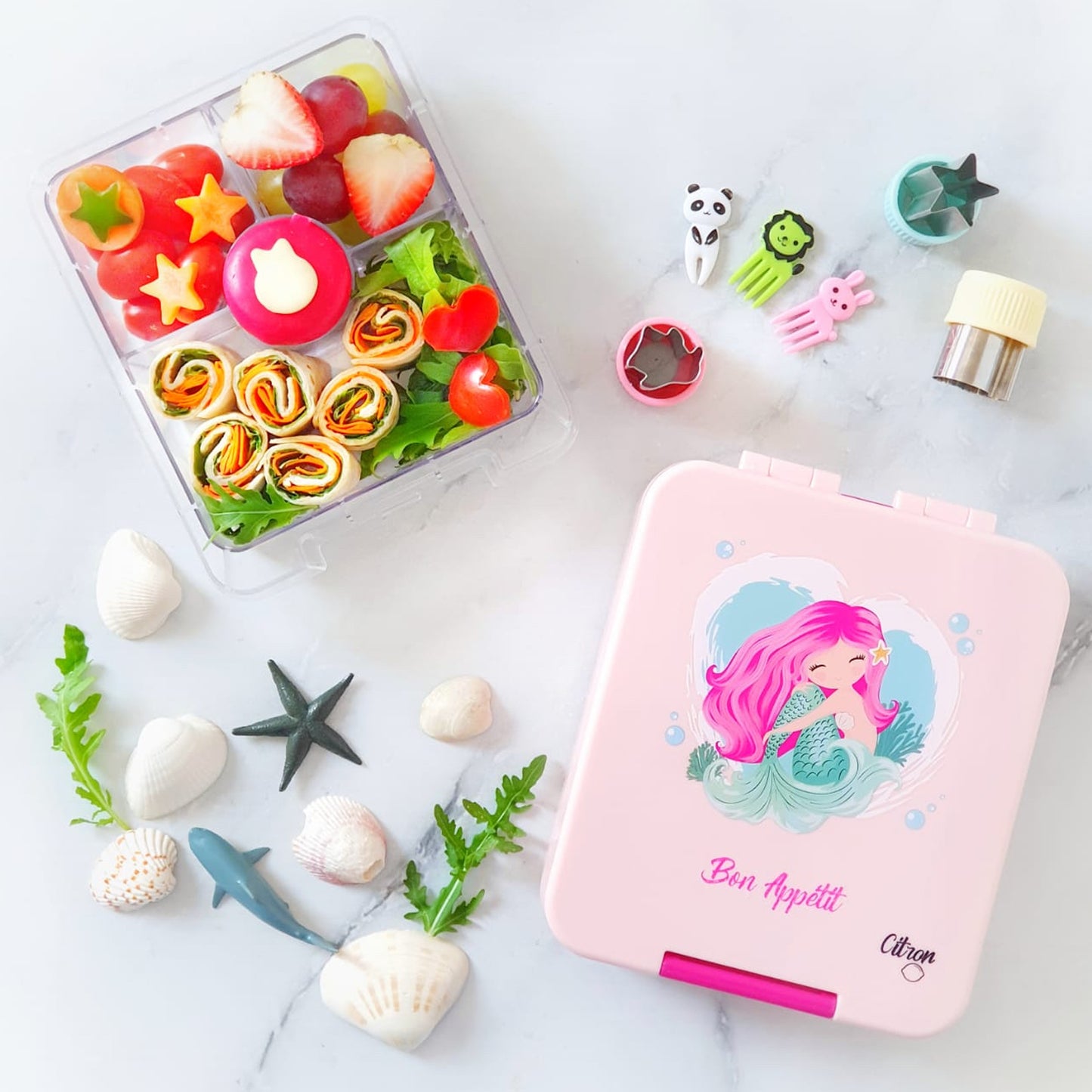Citron Australia - Snackbox with 4 compartments with accessories - Mermaid