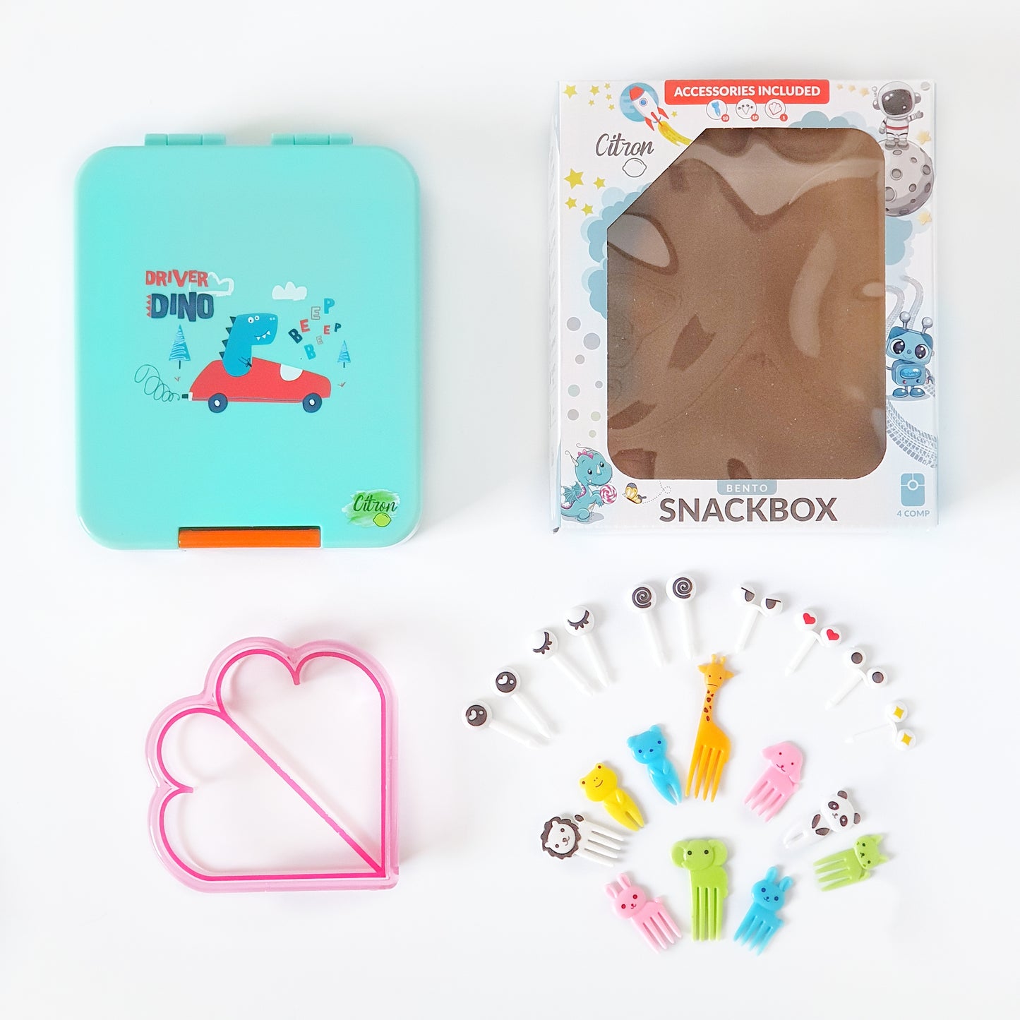 Citron Australia - Snackbox with 4 compartments with accessories - Turquoise Dino