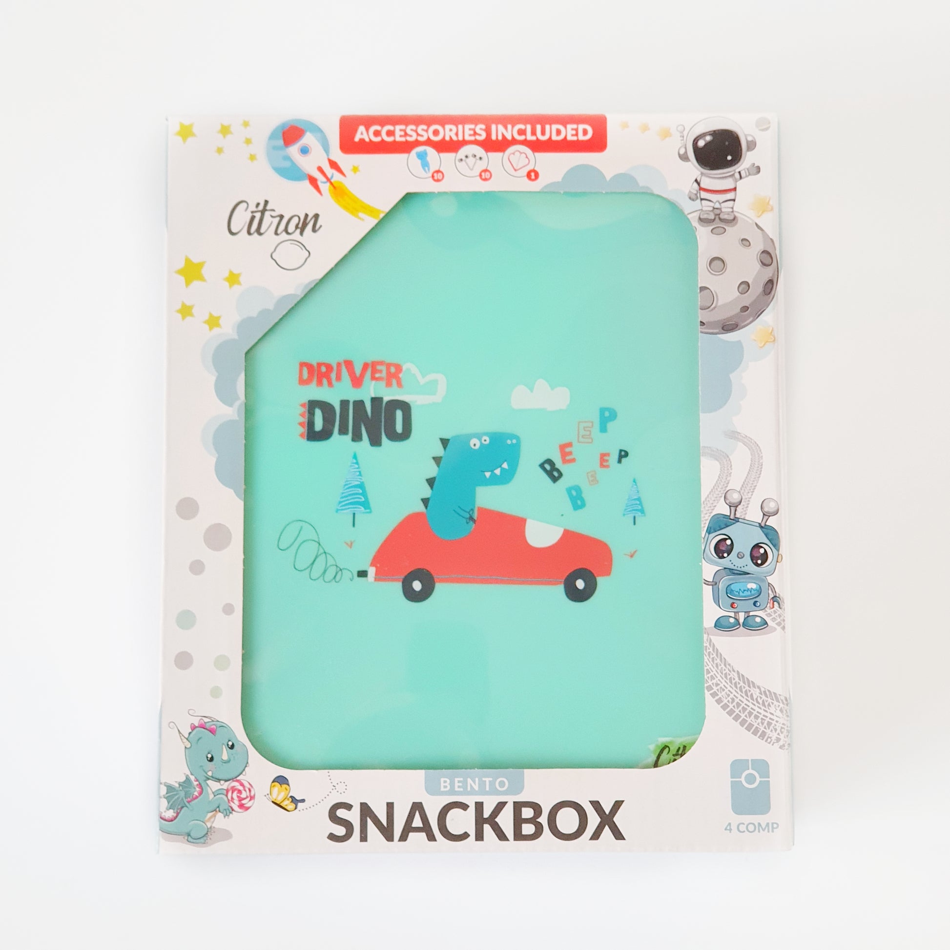 Citron Australia - Snackbox with 4 compartments with accessories - Turquoise Dino