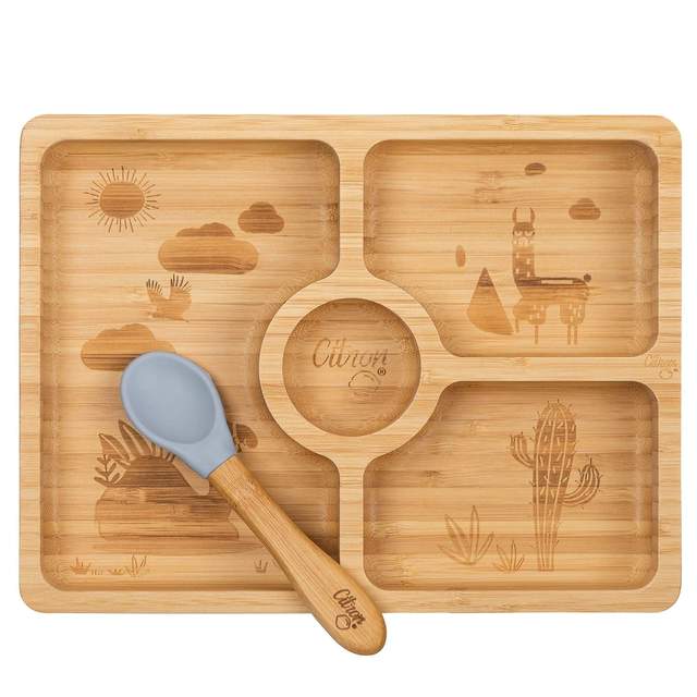 Citron Australia - Square Bamboo Plate with Dusty Blue Suction and Spoon