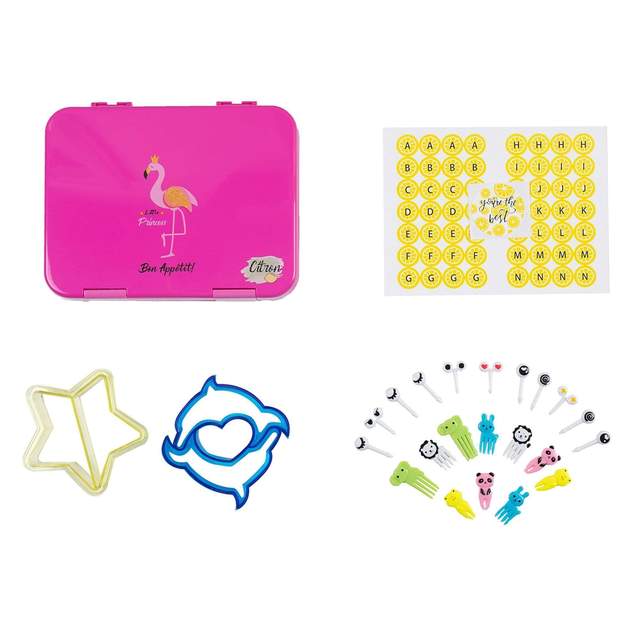 Citron Australia Kids Bento Lunchbox - 4 compartments With Accessories - Flamingo