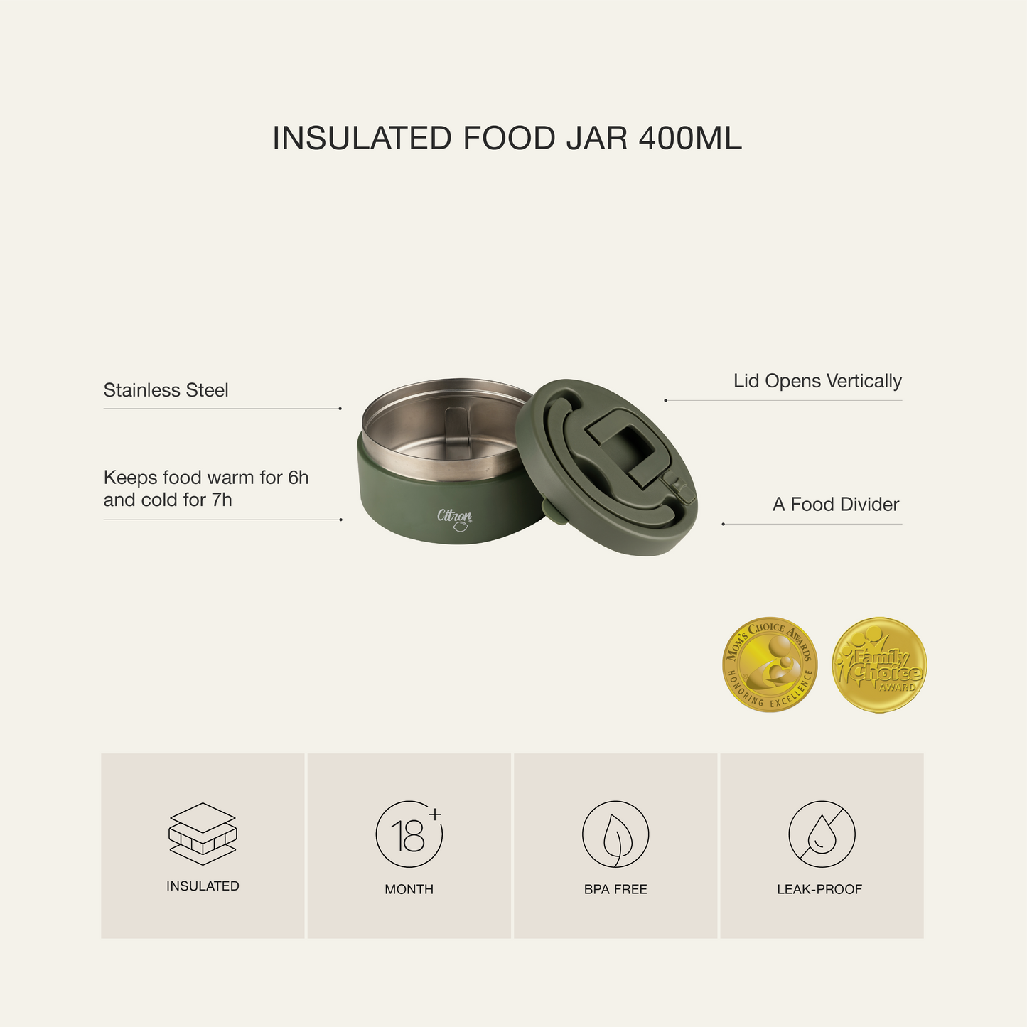 Large Thermal Food Jar - 400ml Green